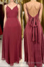 Ruffle Straps Burgundy Chiffon A Line Long Bridesmaid Dresses