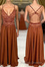 Rust Orange Lace and Chiffon A Line Long Bridesmaid Dresses