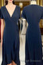 Short Sleeves Navy Blue Chiffon A-line Long Bridesmaid Dress