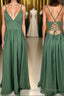 Straps Green A-line Long Formal Dress with Lace Up Back