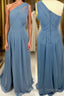 One Shoulder Misty Blue Chiffon A-line Long Bridesmaid Dress