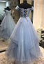 Blue Tulle Lace Long A Line Prom Dresses