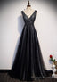 Black V-Neck Tulle Long Prom Dresses, A-Line Evening Dresses