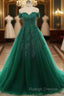 Real Off Shoulder Green Prom Dresses Beaded Appliques Emerald Quince Dress