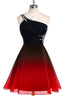 Red And Black One Shoulder Chiffon Beaded Homecoming Dresses Gradient Short Prom Dresses