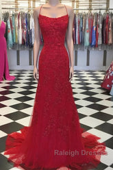 Red Backless Mermaid Lace Prom Dresses, Red Backless Lace Formal Graduation Evening Dresses