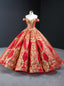 Red Ball Gowns Gold Sequins Off the Shoulder Deep V Neck Prom Dress