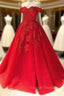 Red Ball Gown Off-the-Shoulder Sleeveless Court Train Tulle Prom Dress With Pleated Appliqued