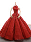Red Ball Gowns Sequins High Neck Backless Wedding Dress