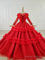 Red Ball Gown Tulle Long Sleeve Appliques Beading Floor Length Wedding Dress