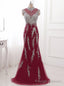 Red Evening Dresses Crystal Long Prom Dress Sexy Illusion