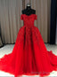 Red Gorgeous Sweetheart Off Shoulder Lace Applique Ball Gowns Prom Dress, Red Prom Dress