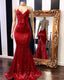 Red Halter Sequins Sparkle Prom Gown Sexy Mermaid Dresses Long Maxi Dress