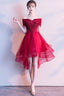 Red High Low Lace Flowers Tulle Off Shoulder Prom Dresses Red Prom Dresses