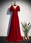 Red High Neckline Velvet Long Prom Dress, Red Short Sleeves Velvet Prom Dress