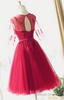 Red Lace Bridesmaid Dress Half Sleeves Lace Prom Dress Tea length