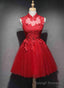 Red Lace High Neckline Tulle Short Homecoming Dress Prom Dress, Red Formal Dresses
