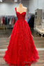 Red Lace Long A Line Prom Dress, One Shoulder Prom Dress