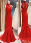 Red Lace Mermaid Long Formal Gowns, Red Bridesmaid Dress