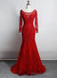 Red Lace Mermaid Long Sleeves Prom Gowns, Red Lace Wedding Prom Dress
