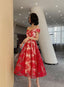 Red Lace Off Shoulder Tea Length Bridesmaid Dresses Lace Prom Dresseses