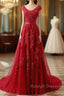 Red Lace Prom Dress Cap Sleeves Formal Dress, Evening Dress, Dance Dresses