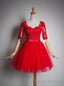 Red Lace Short Sleeves Tulle Knee Length Prom Dresses, Red Short Formal Dresses