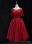 Red Lace Top Short Sleeves Tulle Tea Length Party Dress, Red Wedding Party Dress