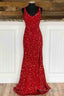 Red Mermaid Cheap Long Prom Gown Side Slit V-Neck Prom Dresses
