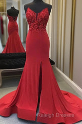 Red Mermaid Llong Prom Dress Appliques Slit Evening Dress