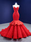 Red Mermaid Satin Tulle Spaghetti Straps Prom Dress