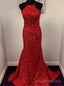 Red Mermaid Sequins Halter Backless Prom Dress