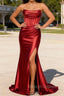Red Mermaid Strapless Pleated Corset Prom Dress with Slit