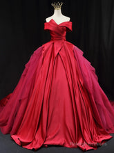 Red Off Shoulder Satin Tulle Long Prom Gown, Red Long Evening Gown