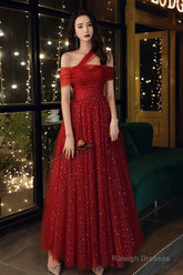 Red Off Shoulder Tulle Long Party Dress, Red A-Line Tulle Formal Dress Prom Dress