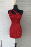 Red One Shoulder Cutout Short Homecoming Gowns Sequined Cocktail Dress