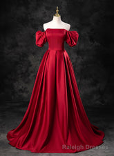 Red Satin A-line Short Sleeves Long Prom Dress, Red Long Formal Dress Evening Dress