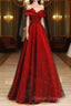 Red Satin And Black Tulle A-Line Off Shoulder Prom Dresses Simple A-Line Prom Dresses