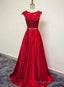 Red Satin and Lace Round Neckline Prom Gowns, A Line Formal Gowns