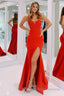 Red Satin Beaded Mermaid Prom Dress With Split
