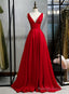 Red Satin Deep V Neckline Prom Gowns, Red Floor Length Prom Gowns