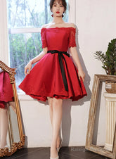 Red Satin Knee Length With Lace Party Dress, Red Short Homecoming Dress