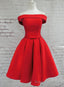 Red Satin Short Prom Dress, Red Off Shoulder Homecoming Dress