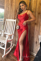 Red Satin Spaghetti Straps Prom Dress with Ruffles