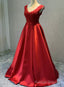 Red Satin V Neckline Floor Length Prom Dress, Backless Red Prom Dress