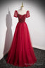 Red Scoop Neckline Tulle Formal Dress with Beaded, A Line Short Sleeve Prom Dress