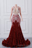 Red Sequin Mermaid Prom Dresses Luxury Silver Crystal Beaded Sheer Neck Long Formal Prom Prom Gown for Black Girls