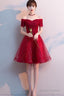 Red Shiny Tulle And Satin Off Shoulder Short Homecoming Dresses Red Prom Dresses