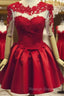 Red Short Sleeves Satin And Applique Homecoming Dresses, Red Short Prom Dresses, Formal Dress