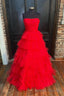 Red Strapless Tulle Layers Long Prom Dress, A-line Sweetheart Red Evening Dress